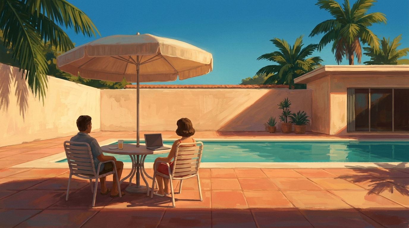 A painted poolside table at dusk with a closed laptop, nobody working.